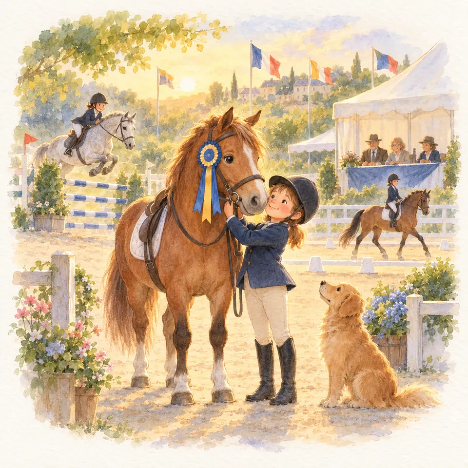 Une jeune cavalière caresse un poney alezan portant un flot bleu et jaune, devant les pistes d’un concours