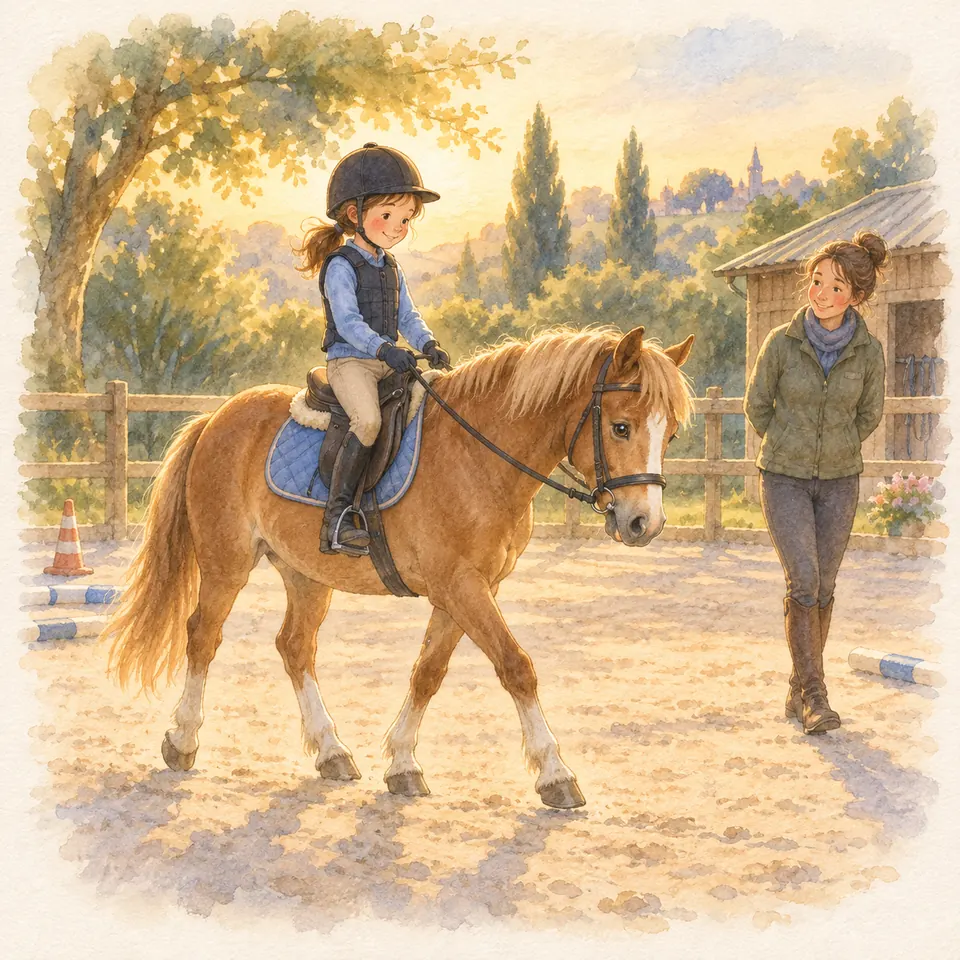 Une jeune cavalière tient les rênes d’un poney alezan au pas dans une carrière, sous le regard d’une monitrice