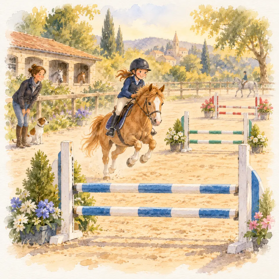 Une jeune cavalière sur un poney alezan aborde un obstacle bleu et blanc dans une ligne de sauts, devant une monitrice