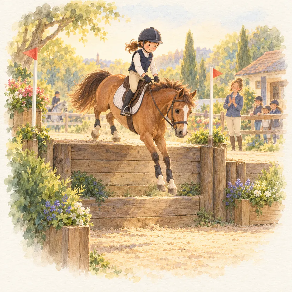 Une jeune cavalière sur un poney alezan franchit un contre-bas en bois dans un parcours extérieur