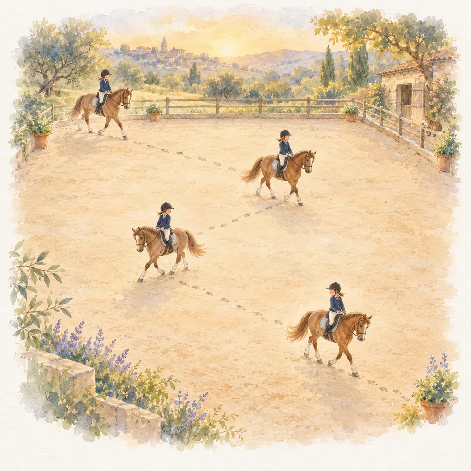 Dans une carrière, des cavaliers sur des poneys alezans suivent un tracé en pointillés alternant les diagonales
