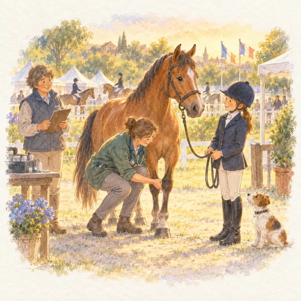 Une vétérinaire examine un antérieur d’un cheval bai tenu par une jeune cavalière lors d’un contrôle en extérieur