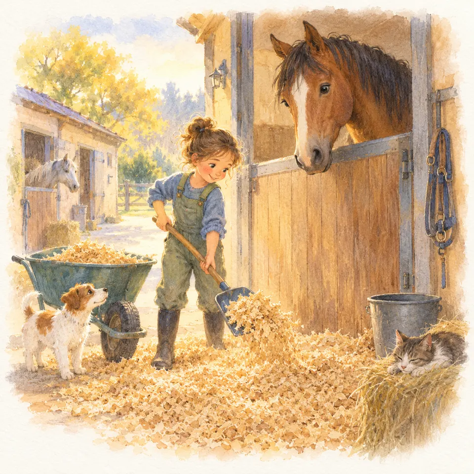 Une jeune fille ramasse des copeaux à la pelle devant le box d’un cheval bai, près d’une brouette remplie