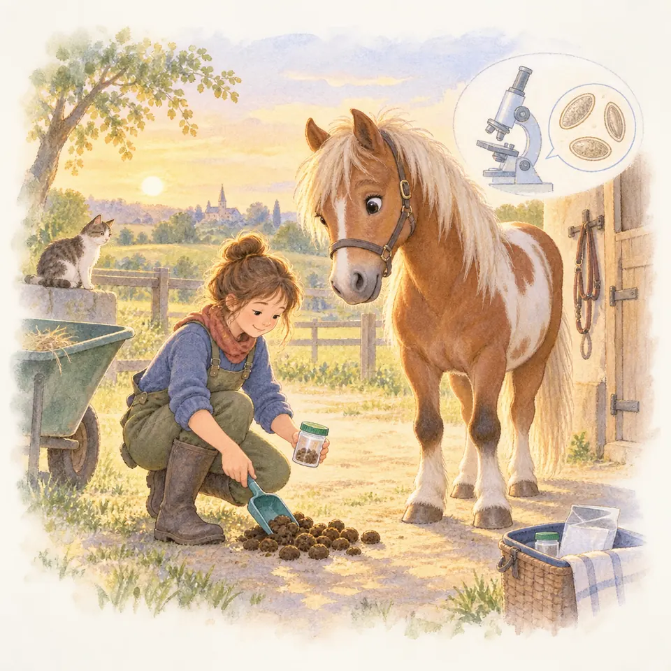 Une jeune fille prélève du crottin près d’un poney pie alezan, avec un pot en main et un microscope en médaillon