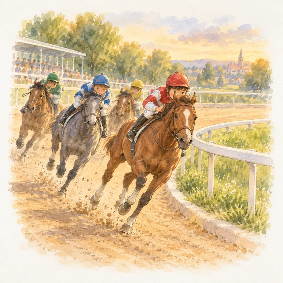 Des jockeys montés sur des chevaux bais et gris prennent un virage au galop près de la lice intérieure de l’hippodrome