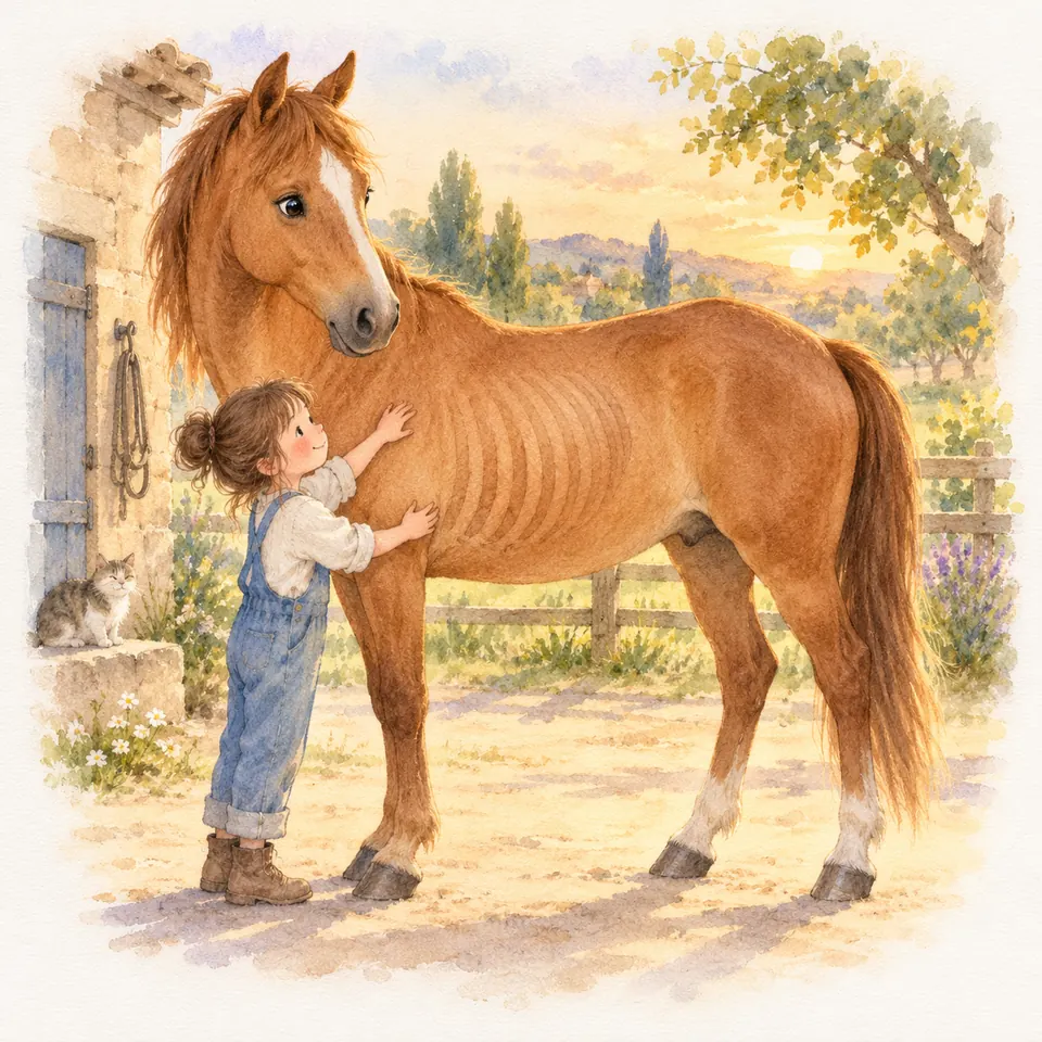Une enfant pose les mains sur les côtes visibles d’un cheval alezan debout dans la cour de l’écurie