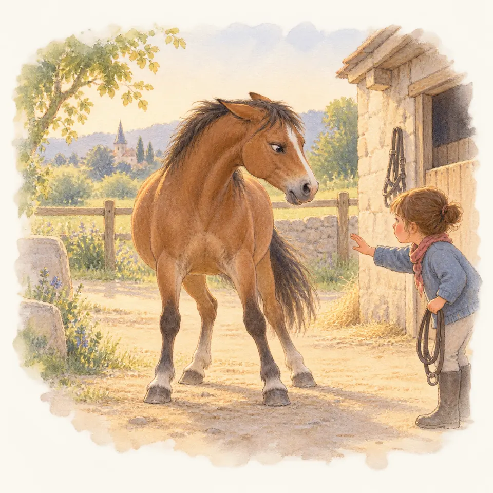 Un cheval bai couche les oreilles face à une jeune fille qui tend la main et tient une longe devant l’écurie