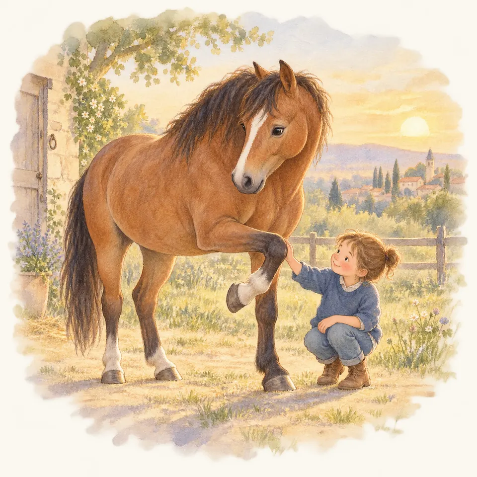 Une enfant accroupie touche l’antérieur fléchi d’un cheval bai près d’une écurie et d’une clôture
