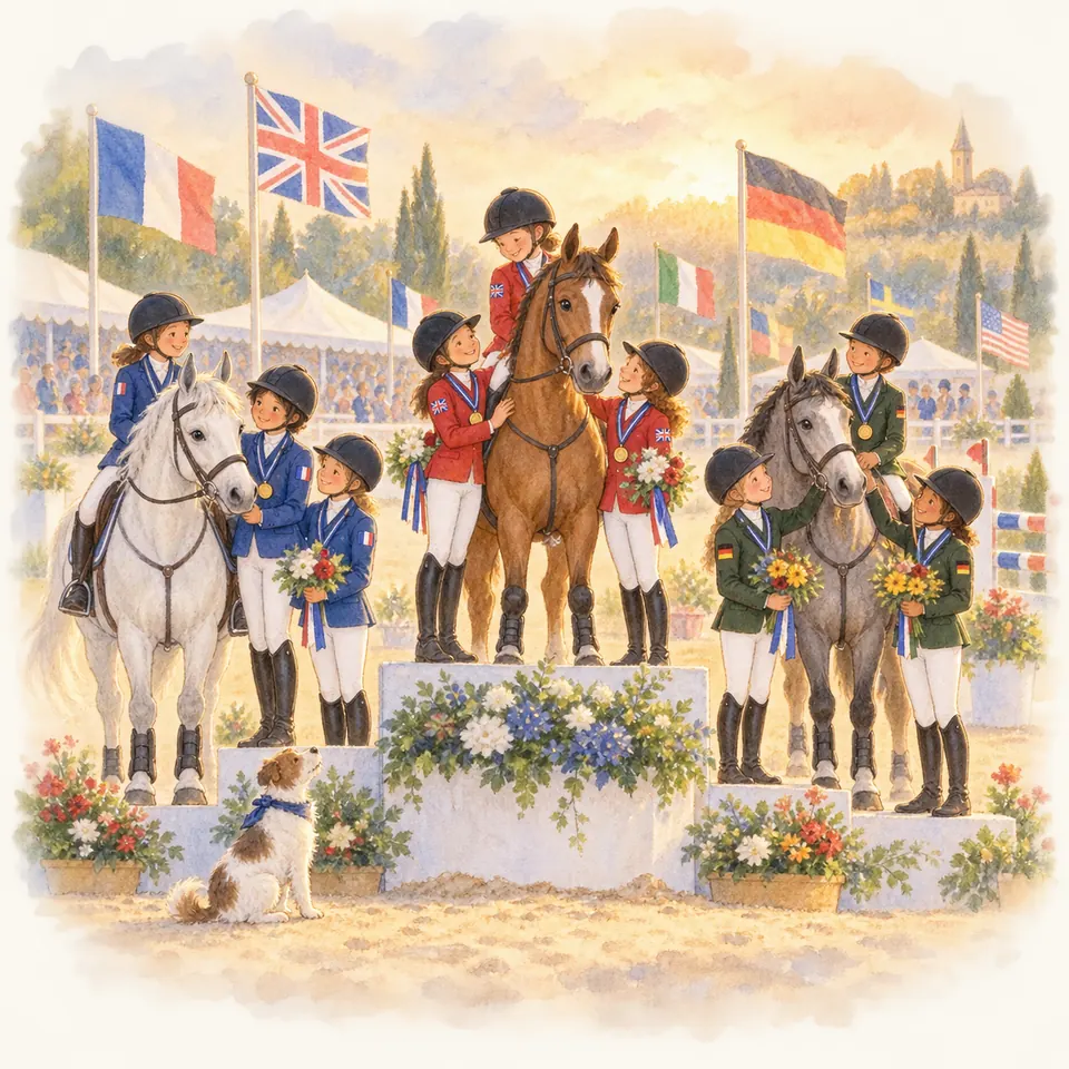 Des cavaliers médaillés entourent trois poneys sur un podium fleuri, devant les drapeaux de plusieurs pays