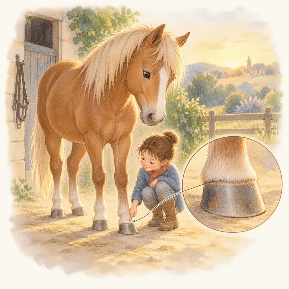 Une enfant montre la couronne du sabot d’un poney palomino devant une écurie, avec un détail du haut du sabot