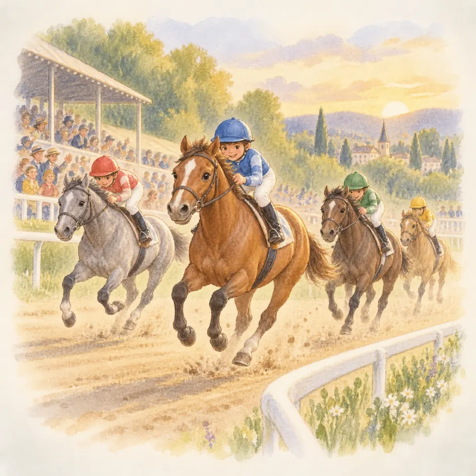 Quatre jockeys en casaques colorées montent des chevaux au galop sur une piste bordée de lice, devant les tribunes