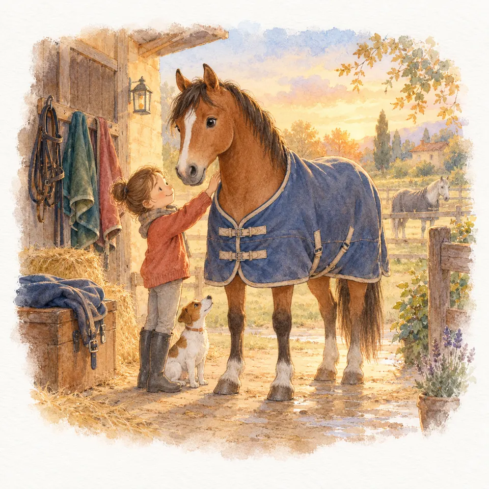Une enfant ajuste la couverture bleue d’un cheval bai devant l’écurie, avec un chien assis à ses pieds