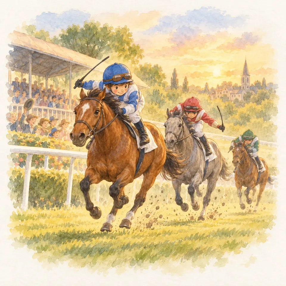 Des jockeys galopent sur un hippodrome, cravache levée, avec un cheval bai en tête devant un gris