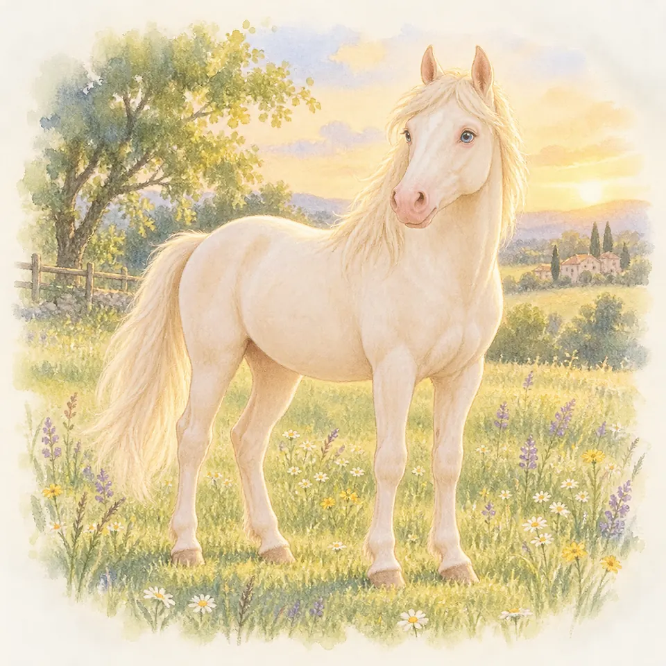 Un cheval cremello aux yeux bleus, au nez rose et aux crins ivoire se tient dans un pré parsemé de fleurs