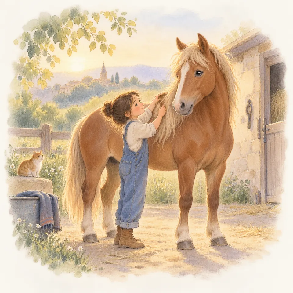 Une enfant brosse la longue crinière blonde d’un cheval alezan devant l’écurie, près d’un chat assis sur un muret