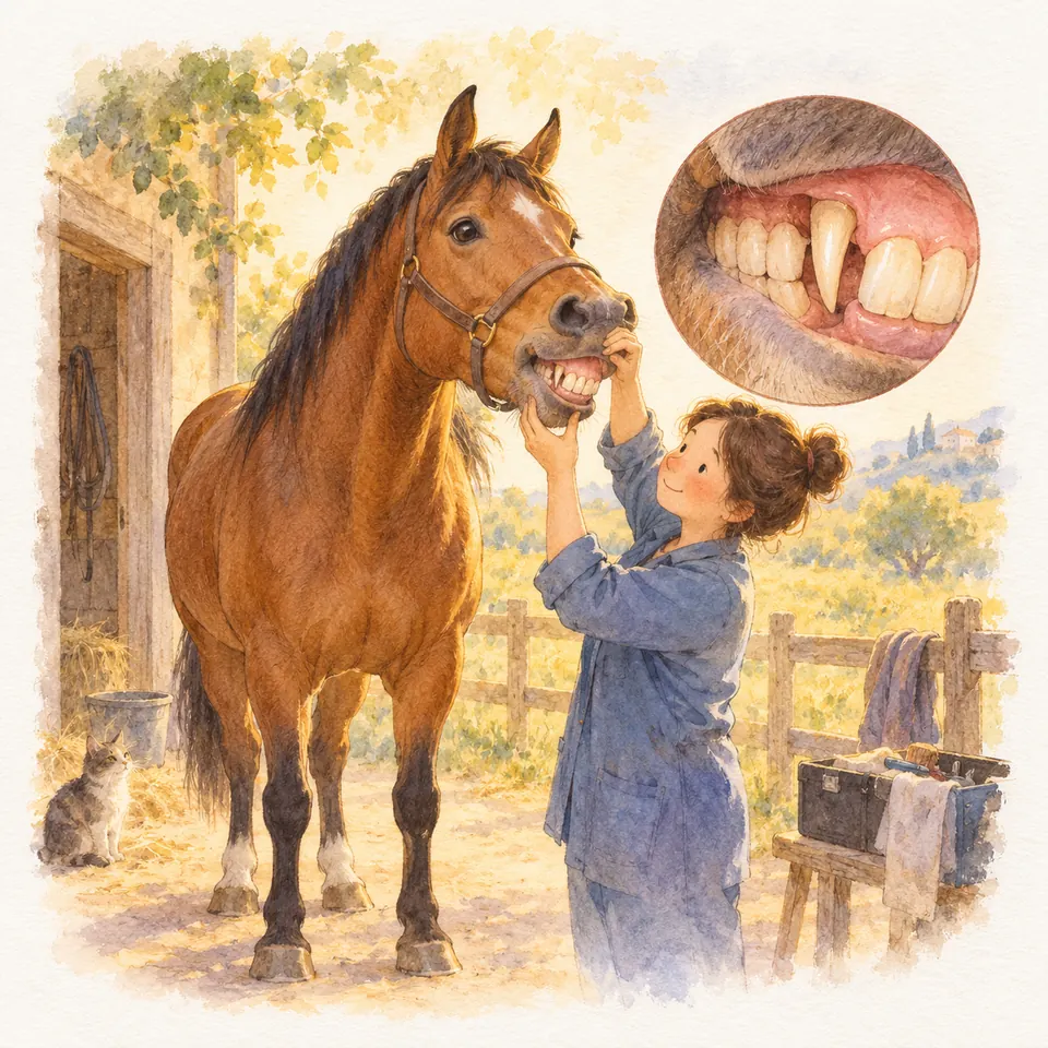 Une femme soulève les lèvres d’un cheval bai près de l’écurie pour montrer ses dents et ses crochets