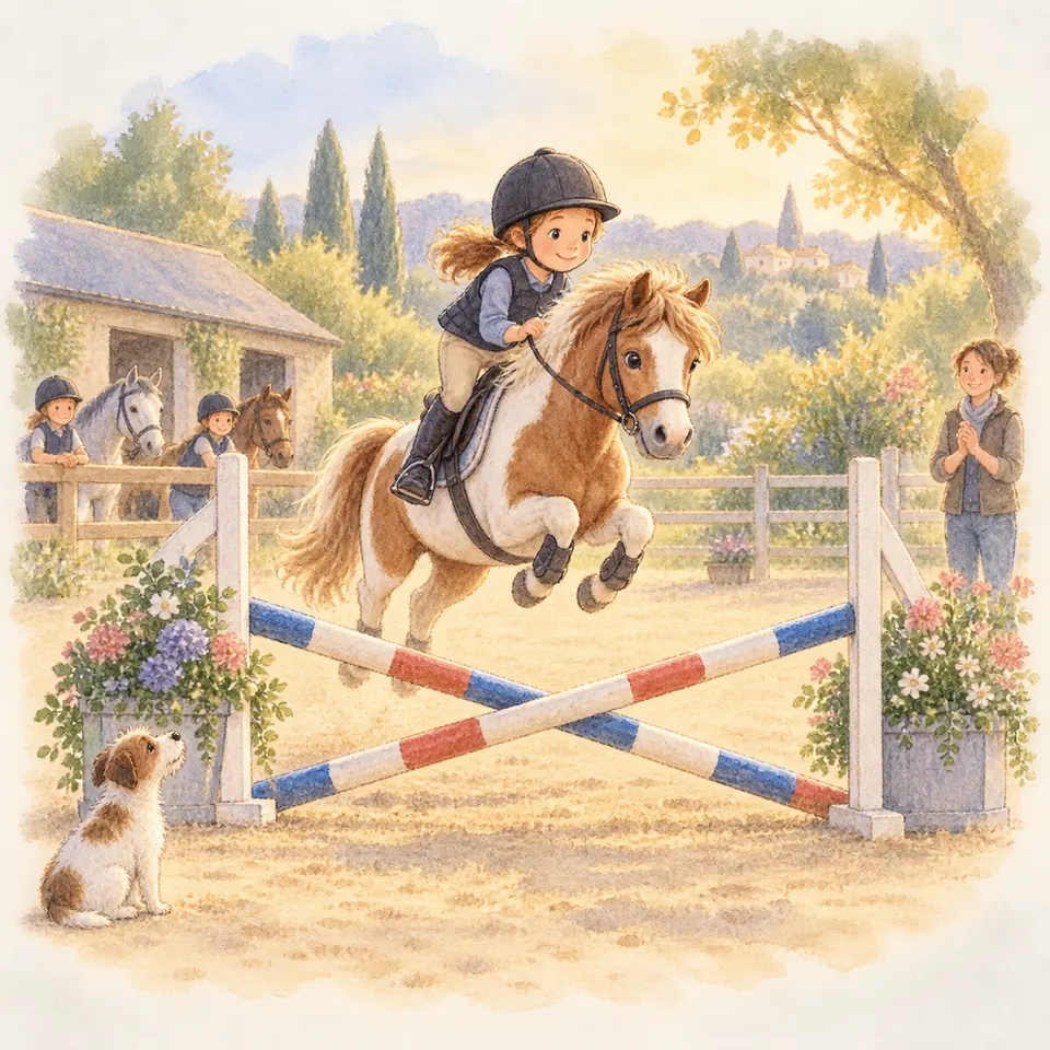 Une jeune cavalière sur un poney pie alezan saute un croisillon dans une carrière sous le regard d’une monitrice