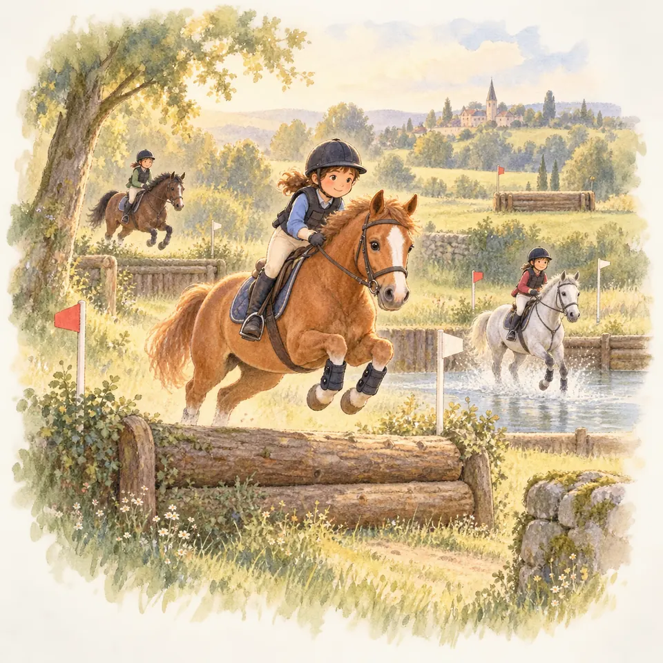 Une cavalière sur un poney alezan franchit un obstacle en troncs sur un parcours de cross, près d’un gué