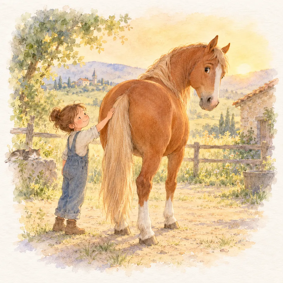 Une enfant pose la main sur la croupe d’un cheval alezan aux crins clairs, debout près d’une clôture en bois