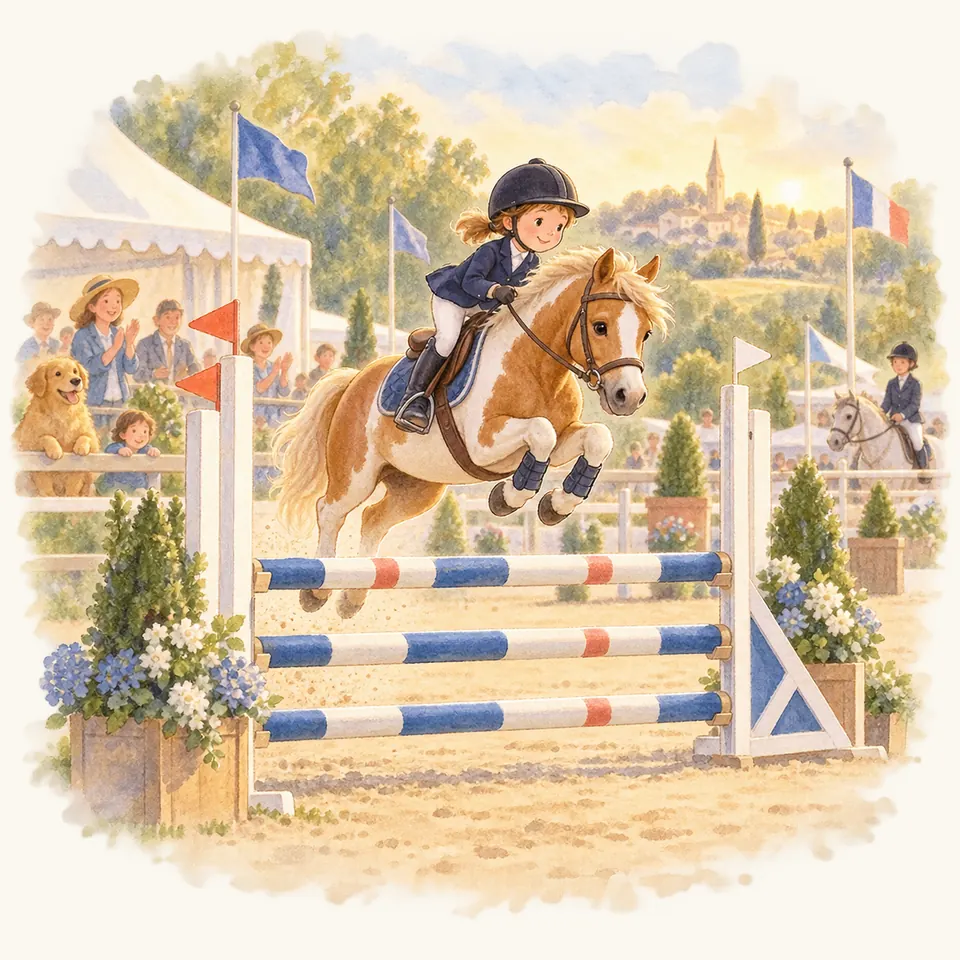 Une jeune cavalière sur un poney pie alezan franchit un obstacle à barres tricolores devant des spectateurs