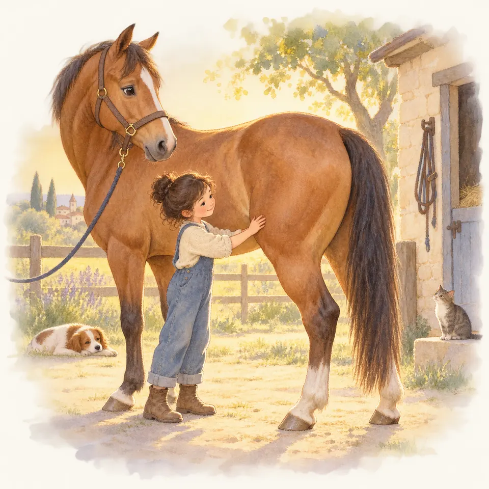 Une enfant pose la main sur la cuisse d’un cheval bai tenu à l’attache devant une écurie