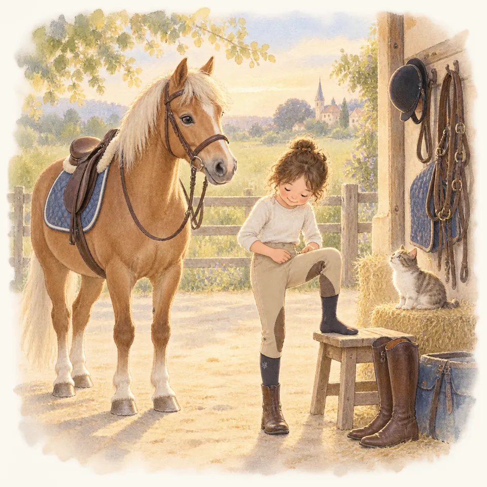 Une cavalière ajuste sa culotte beige, un pied sur un tabouret, près d’un poney palomino sellé devant l’écurie