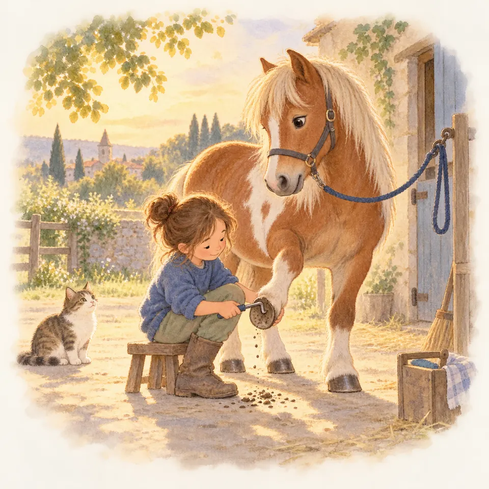 Une enfant assise sur un tabouret cure le sabot antérieur d’un poney pie alezan tenu à l’attache devant l’écurie