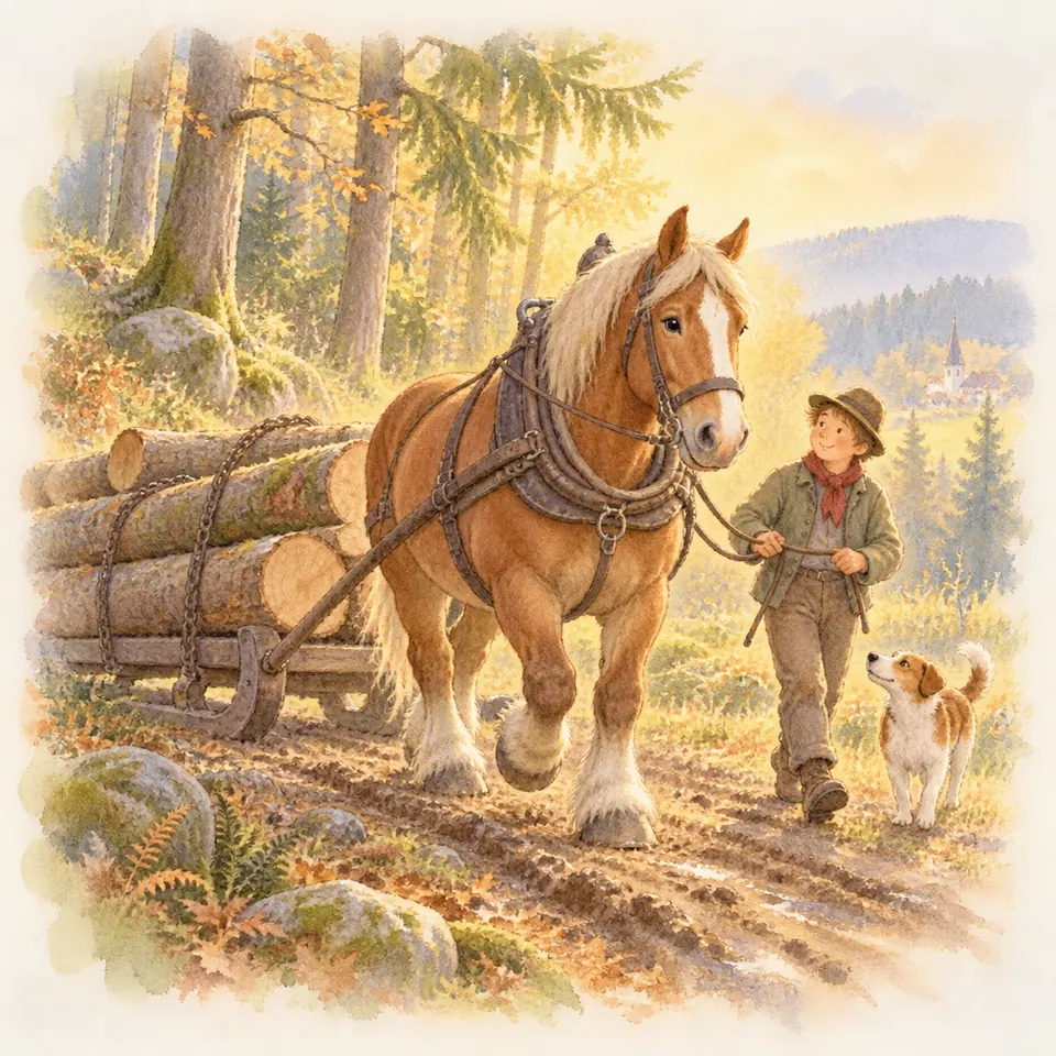 Un cheval de trait palomino tire des grumes sur un chemin forestier, accompagné d’une personne tenant les guides et d’un chien