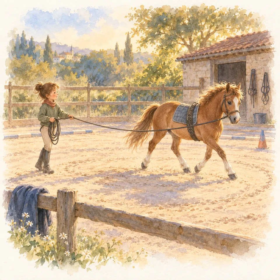 Une jeune fille fait tourner en longe un poney alezan équipé d’un tapis et d’un surfaix dans une carrière clôturée
