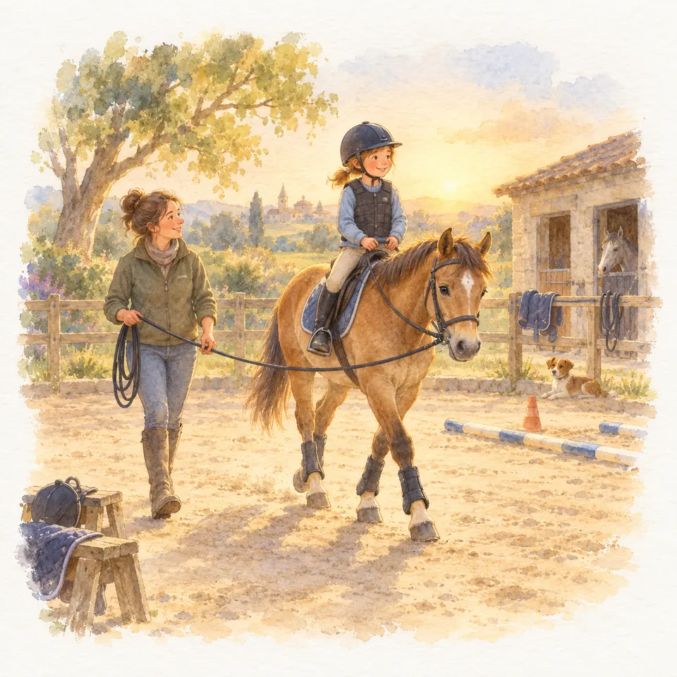 Une monitrice mène en longe un poney bai monté par une enfant casquée dans une carrière près de l’écurie