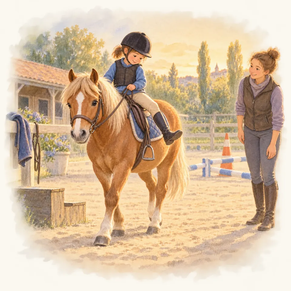 Une enfant sur un poney palomino retire son pied de l’étrier sous le regard d’une monitrice dans une carrière