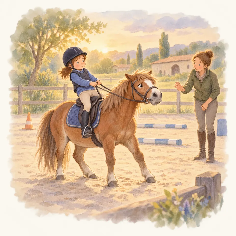 Un poney alezan relève la tête face aux rênes tendues d’une enfant, tandis qu’une monitrice lève la main dans la carrière