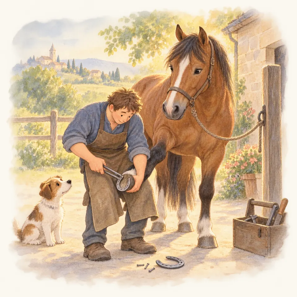 Un maréchal-ferrant utilise une pince sur le fer d’un cheval bai au pied levé, près d’un fer posé au sol devant l’écurie