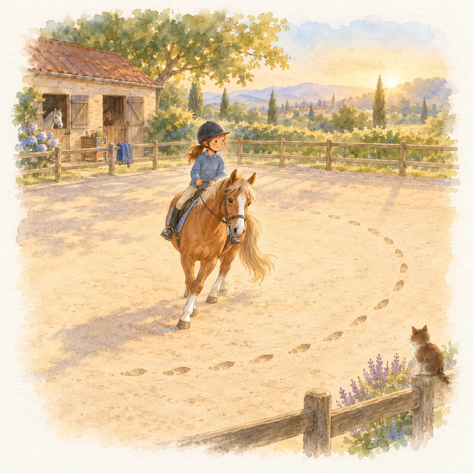 Une enfant monte un poney alezan dans une carrière où des traces de sabots dessinent un demi-cercle dans le sable