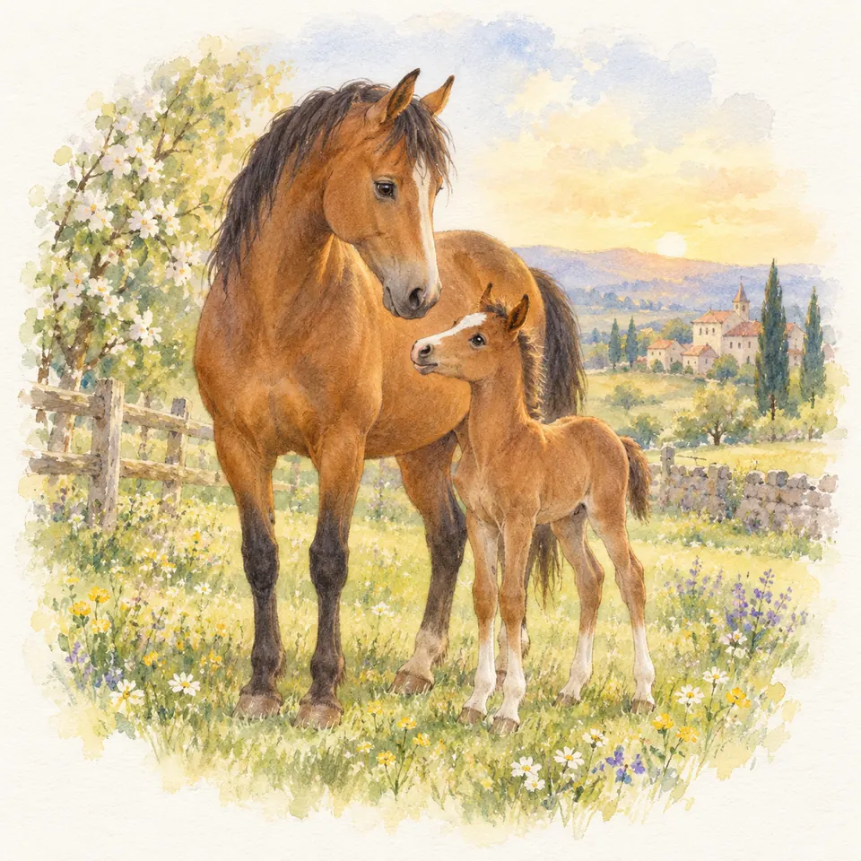 Un cheval bai se tient près d’un poulain aux balzanes blanches dans un pré fleuri bordé d’une clôture en bois