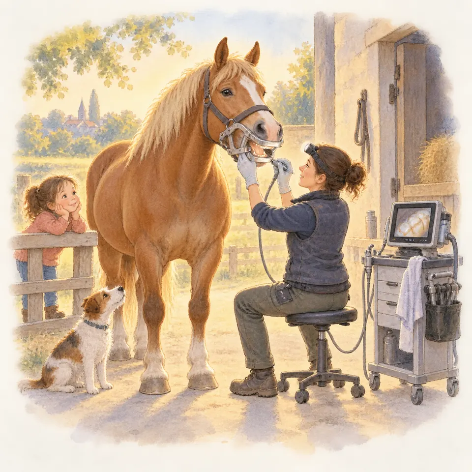 Une dentiste équin examine la bouche d’un cheval alezan avec un écarteur, devant une enfant à l’entrée de l’écurie