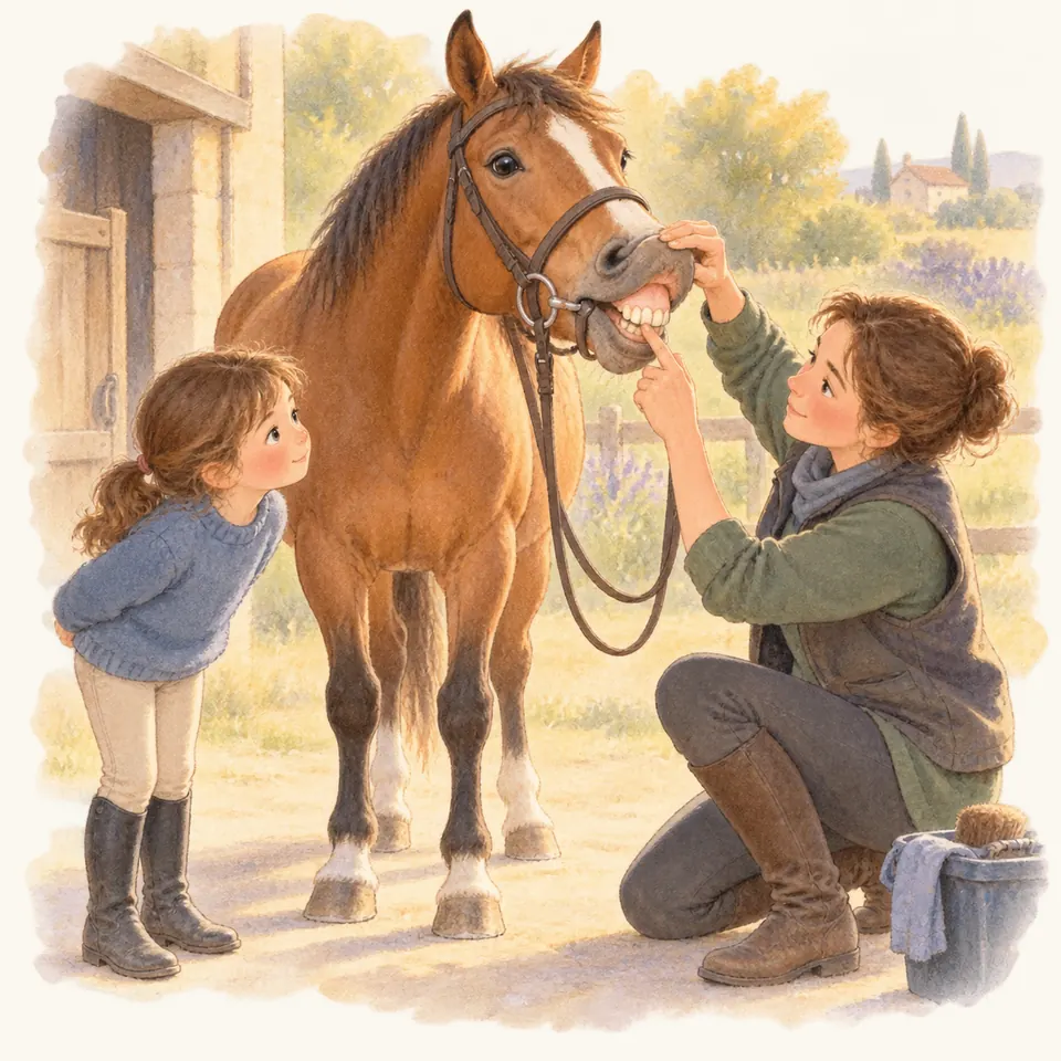 Une femme soulève la lèvre d’un cheval bai et montre ses dents à une enfant devant l’écurie