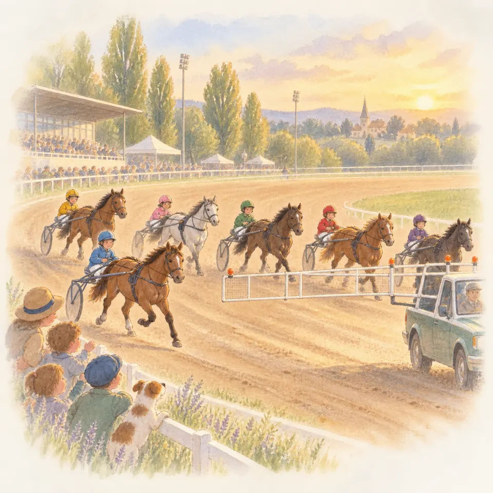 Des chevaux attelés à des sulkys trottent sur un hippodrome près d’une voiture aux ailes déployées, devant des spectateurs