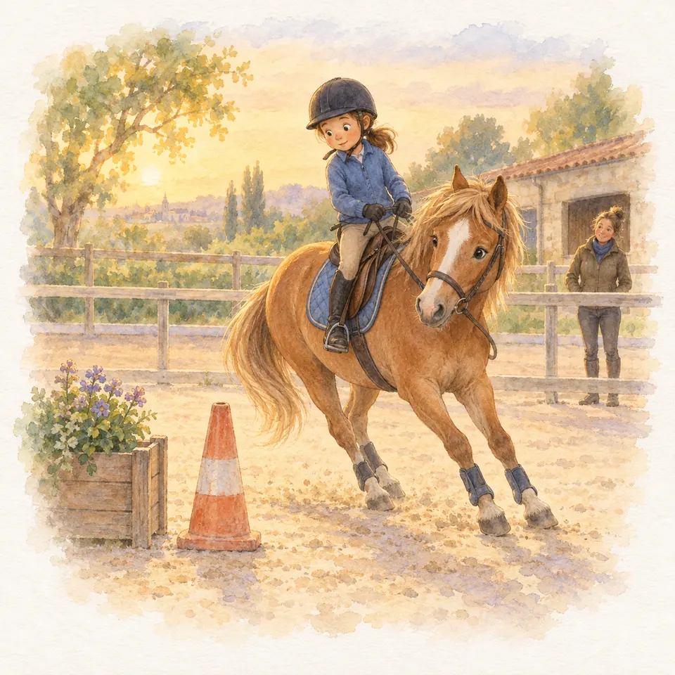 Un poney alezan monté par une jeune cavalière dévie près d’un cône et d’un bac fleuri, sous le regard d’une monitrice
