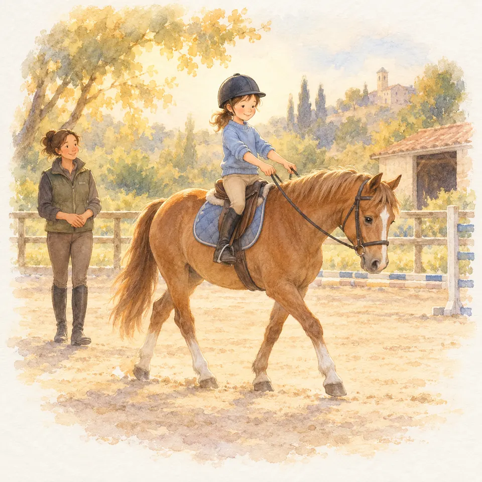 Une jeune cavalière avance les mains et détend les rênes sur un poney alezan au pas, sous le regard d’une monitrice