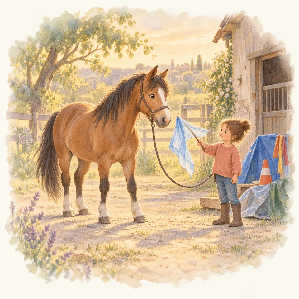 Une enfant tient un tissu bleu près de la tête d’un cheval bai en licol, dans la cour de l’écurie