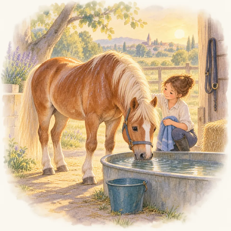 Un poney palomino boit dans un abreuvoir près d’une jeune fille accroupie, à l’entrée d’une écurie