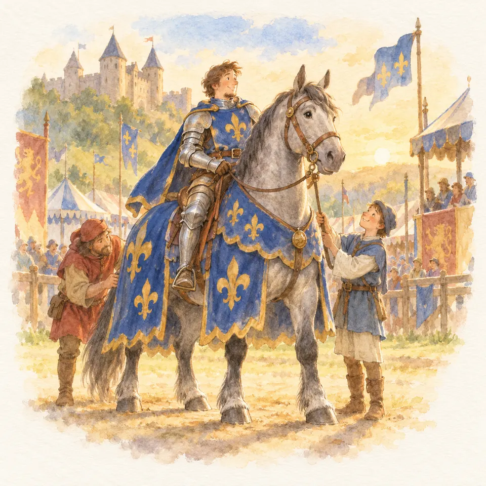 Un cavalier en armure monte un cheval gris couvert d’un caparaçon bleu à fleurs de lys, entouré de deux personnes