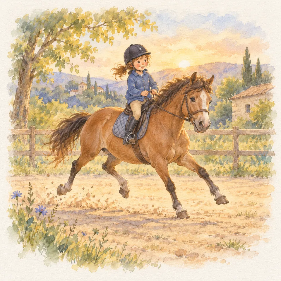 Une enfant casquée monte un poney bai au galop dans une carrière bordée d’une clôture en bois