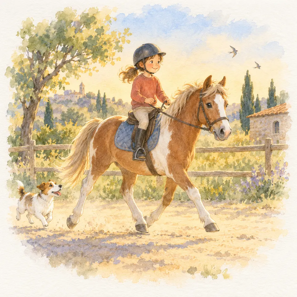 Une enfant casquée monte un poney pie alezan au trot dans une carrière, tandis qu’un petit chien court à ses côtés