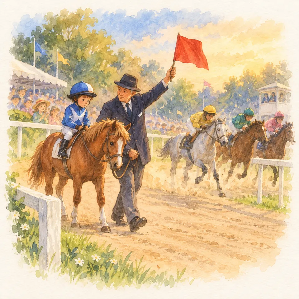 Un homme lève un drapeau rouge en guidant un poney alezan monté par un enfant, tandis que d’autres poneys galopent