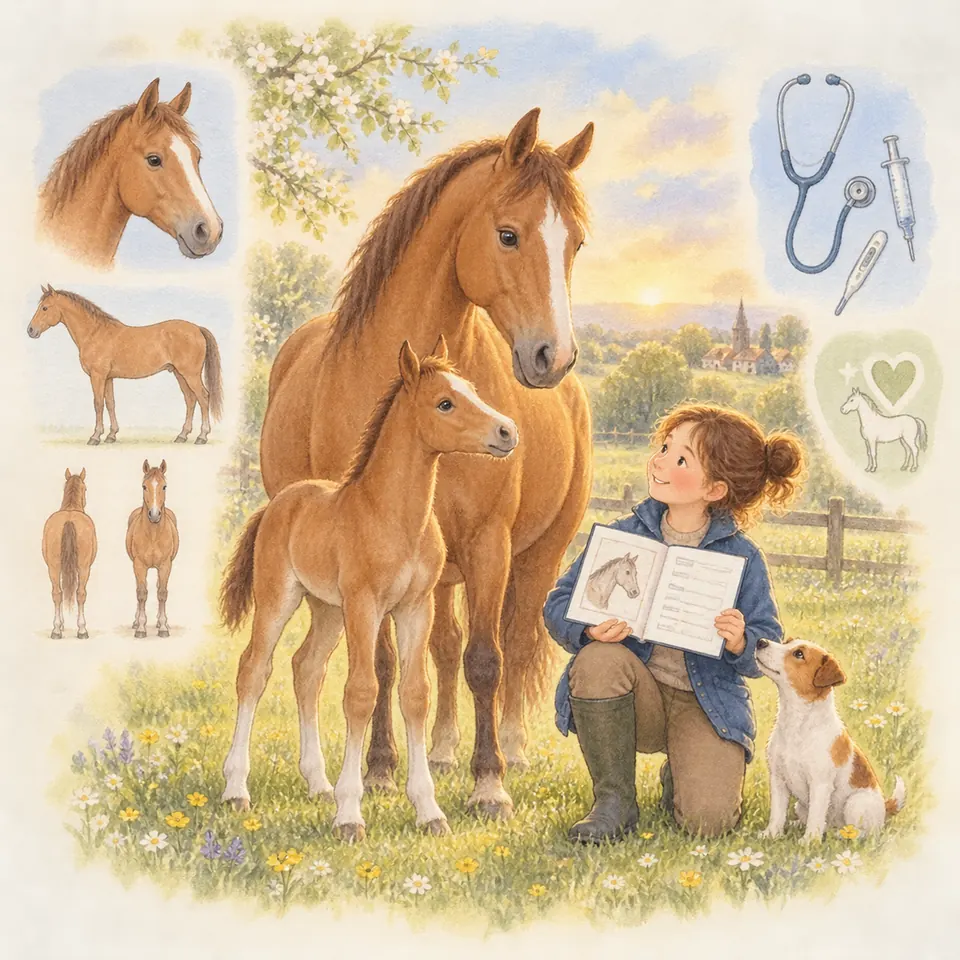 Une jeune fille tient un document ouvert avec un portrait de cheval, près d’une jument alezane et de son poulain
