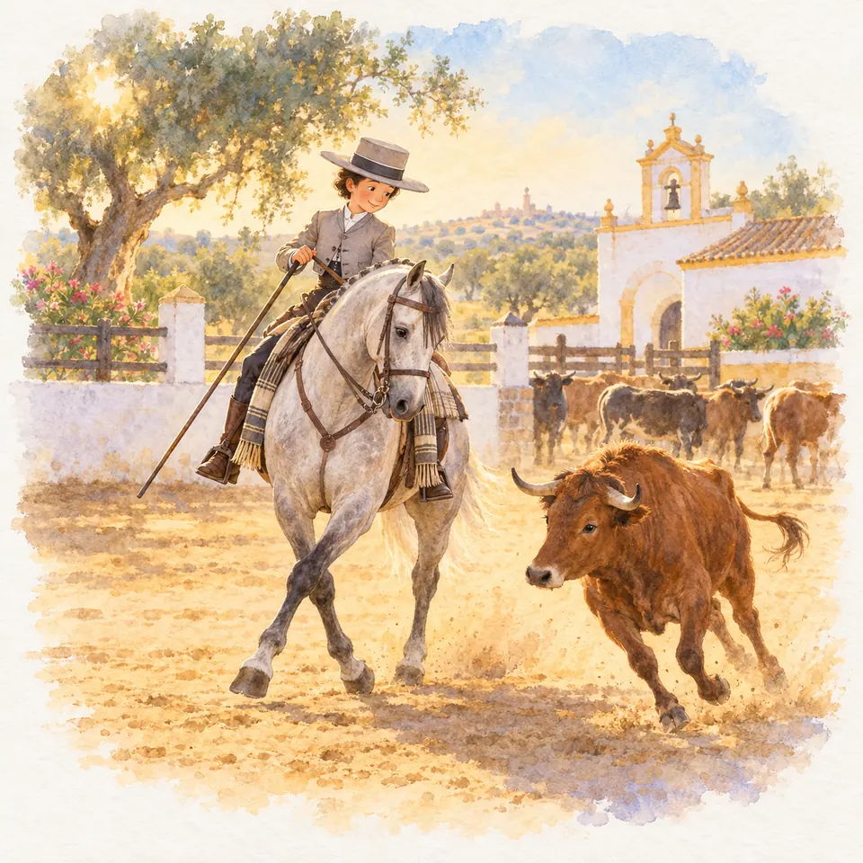 Une cavalière à chapeau monte un cheval gris et tient une longue perche près d’un bovin dans une cour