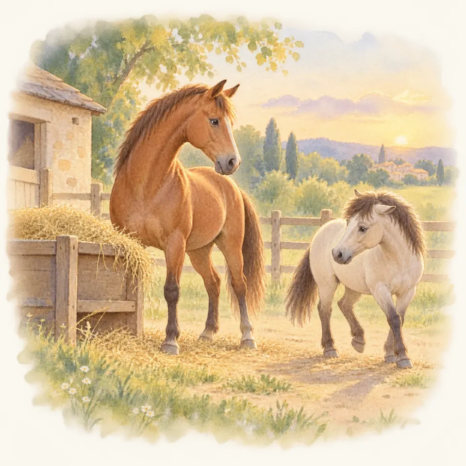 Un cheval alezan se tient près d’un râtelier à foin tandis qu’un poney gris marche à ses côtés dans un enclos