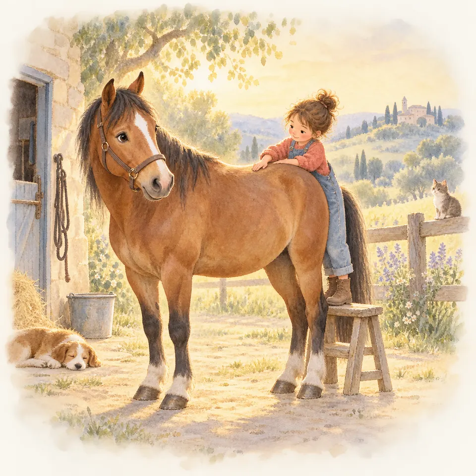 Une enfant debout sur un tabouret pose les mains sur le dos d’un cheval bai en licol devant une écurie